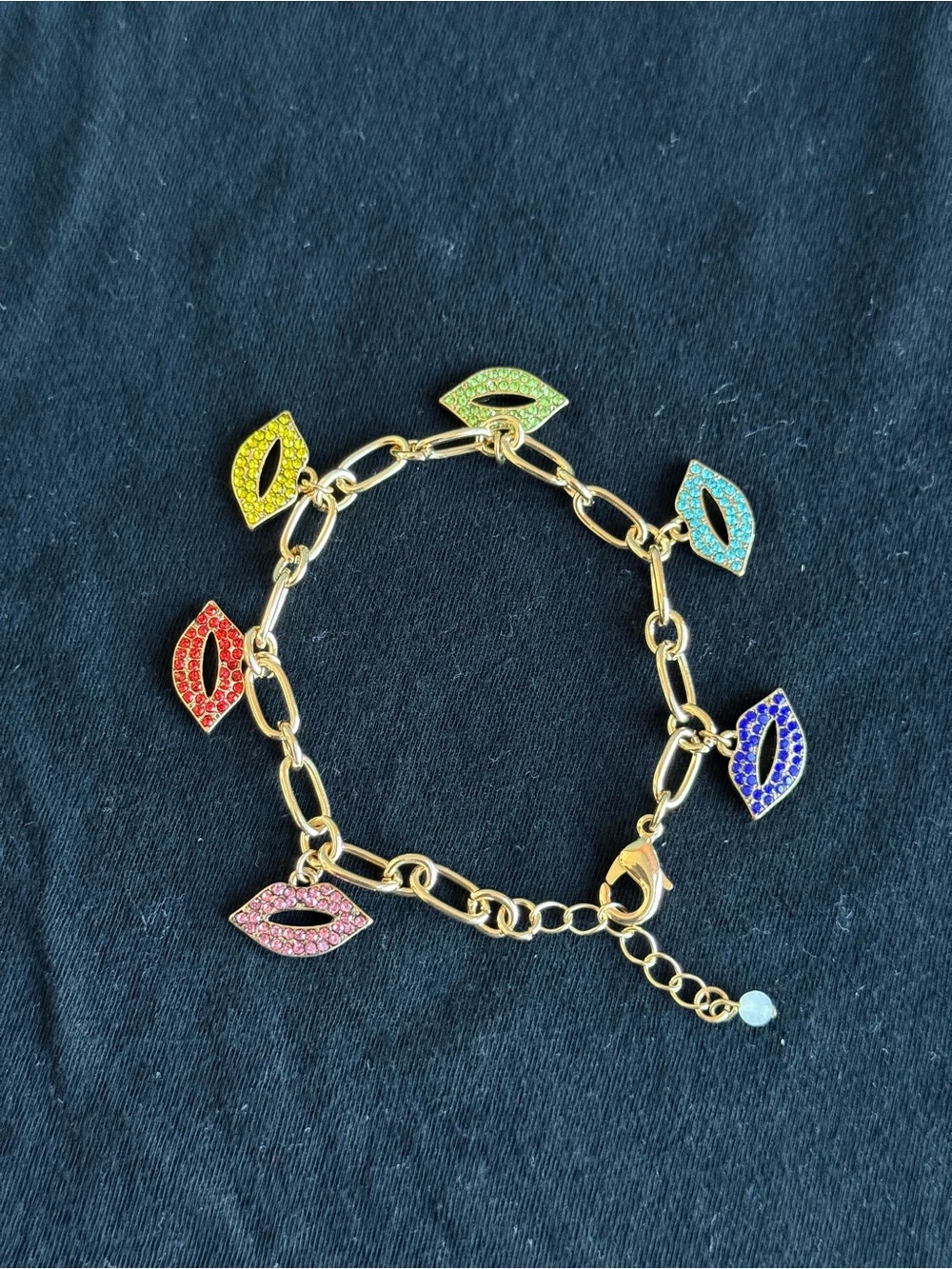 Gold-Tone Multicolor Lip Charm Bracelet - Rainbow Crystal Accents